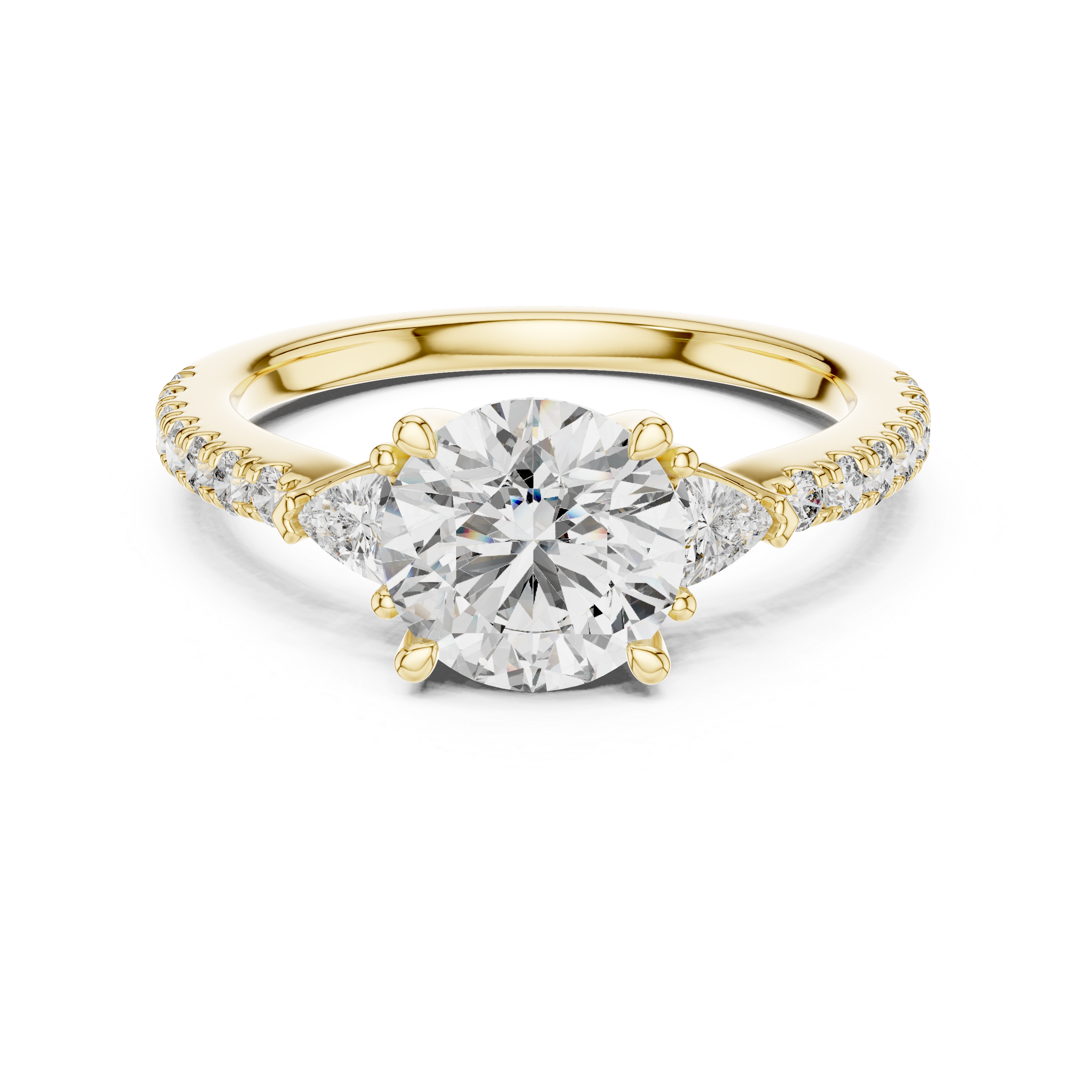 Classic K14 Gold Round Solitaire with Trillion Side Stones