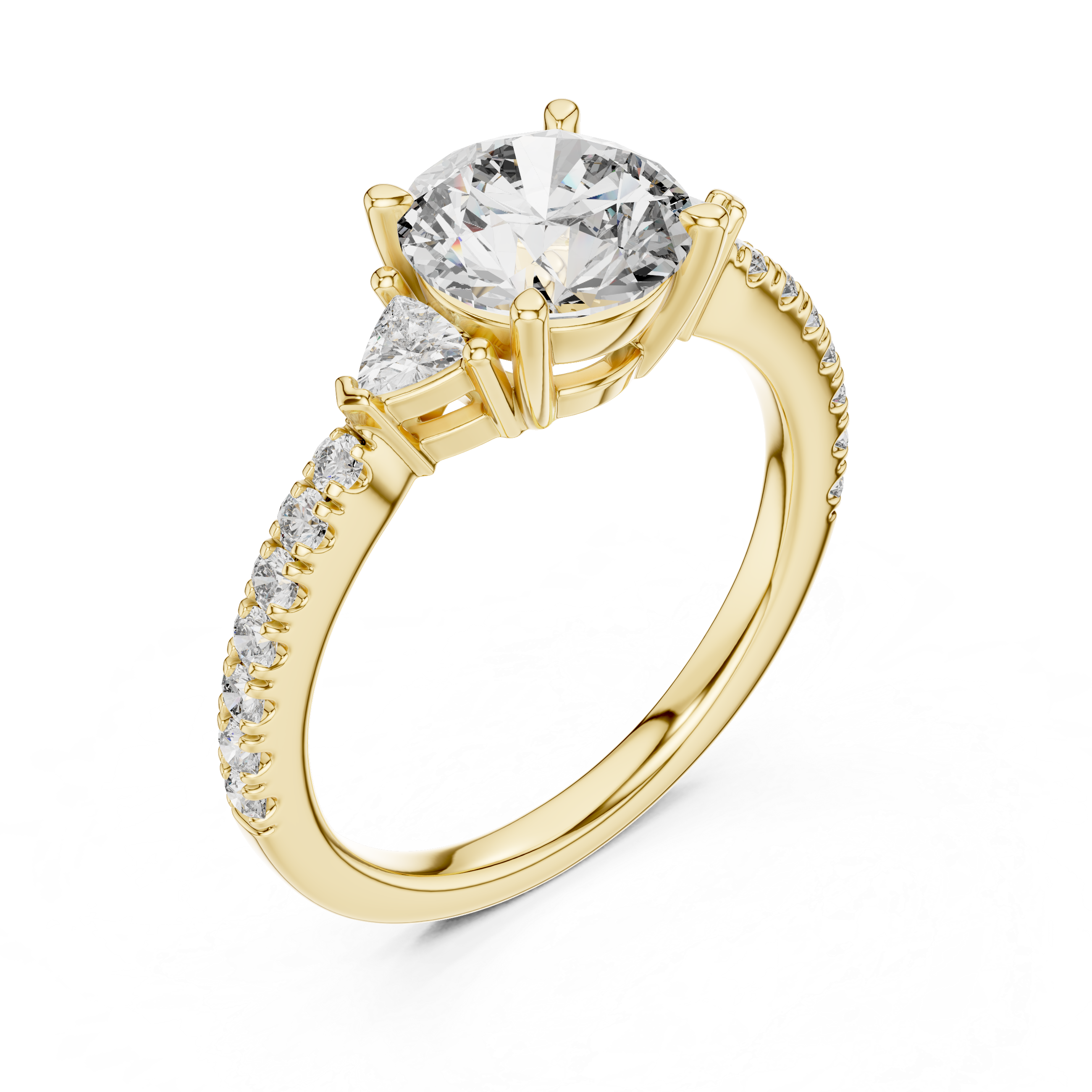Classic K14 Gold Round Solitaire with Trillion Side Stones